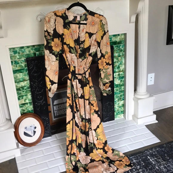 Boho gold/tan flowers black maxi dress - Picture 1 of 5